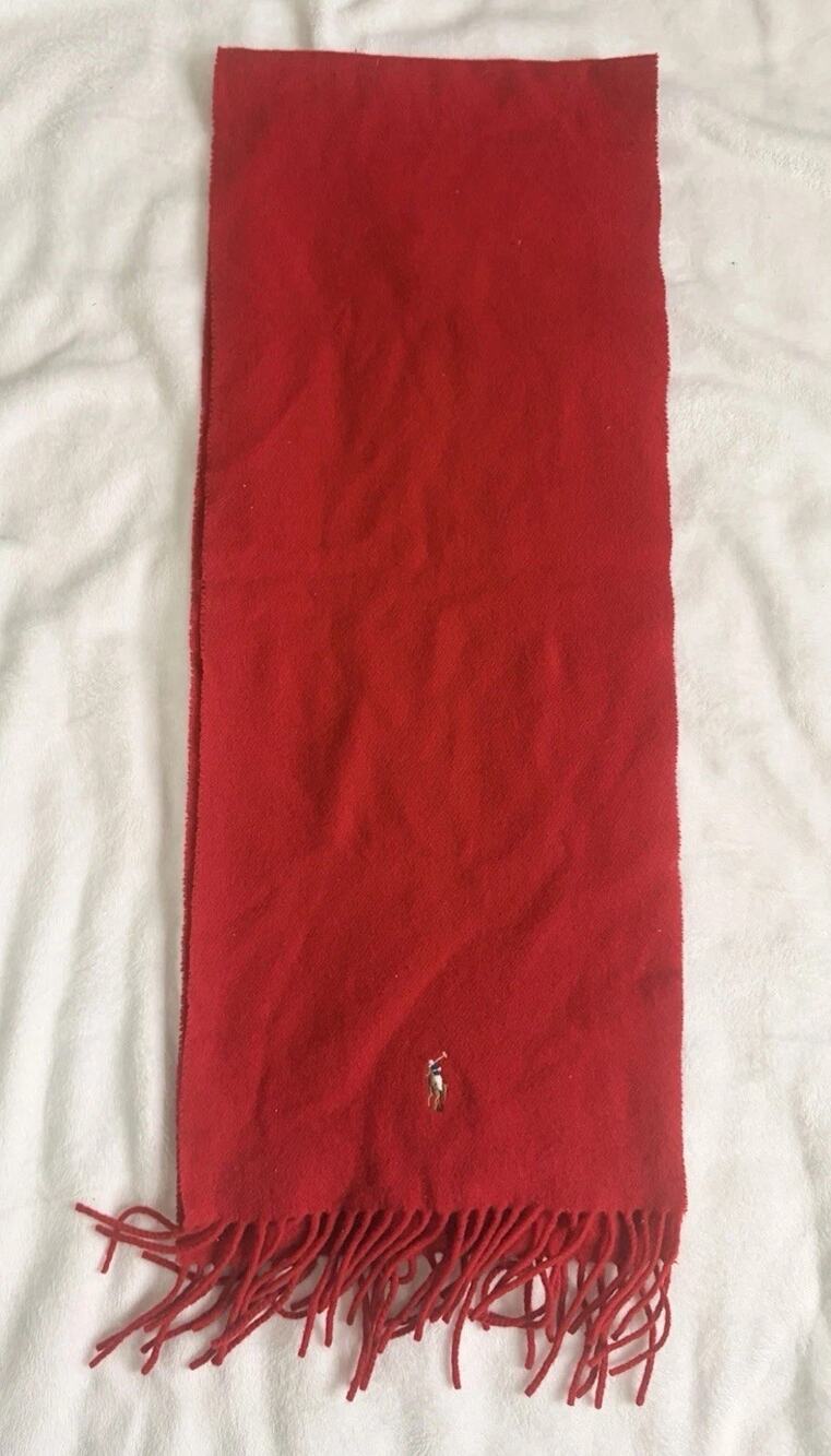 Vintage Polo Ralph Lauren 100% Lambswool Fringe Scarf Red Made in Italy